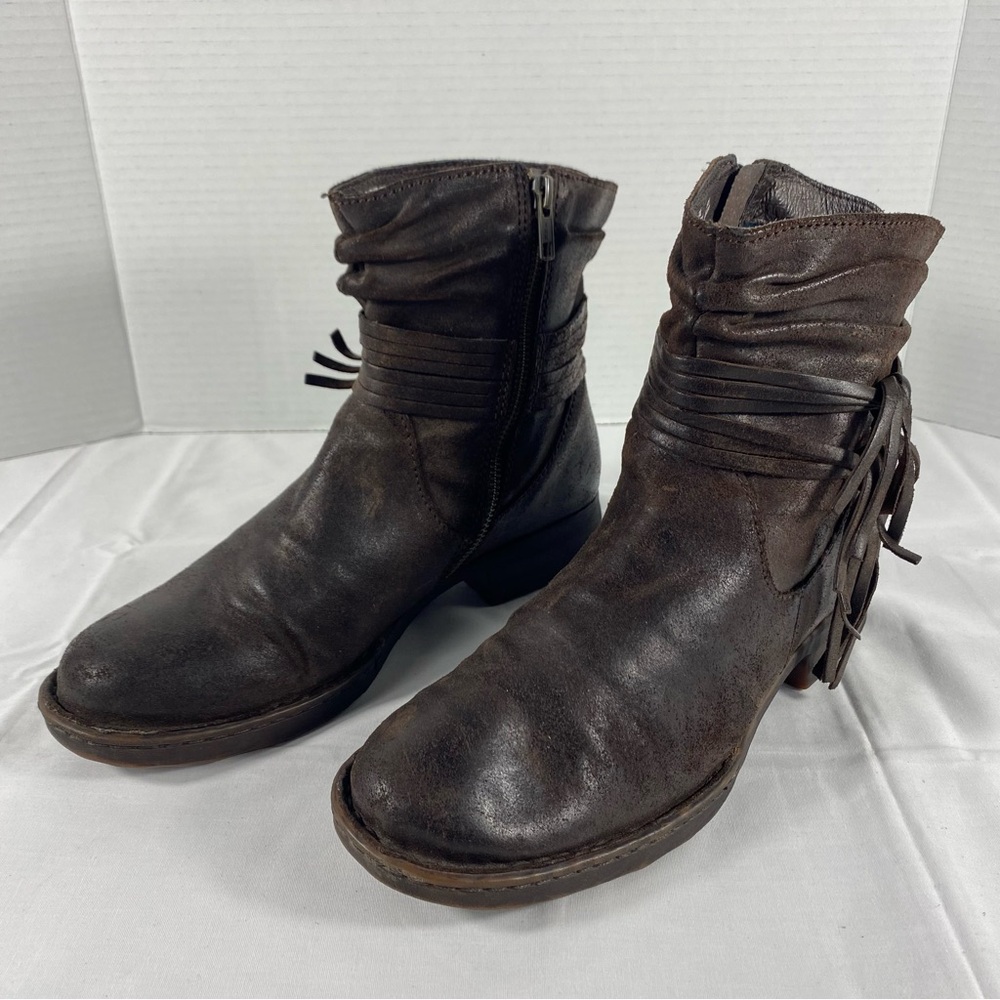 Born Womens Cross Brown Leather Zip Ankle Boots Fringe  8.5 M Style D70323